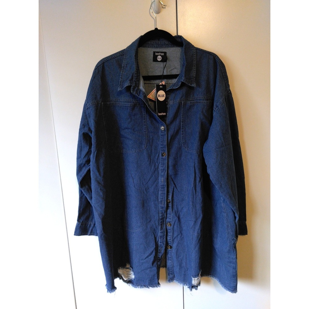 Womens ‎ Oversized Distressed Hem Denim  Shirt Size 14 Button Down  Baggy Rugged